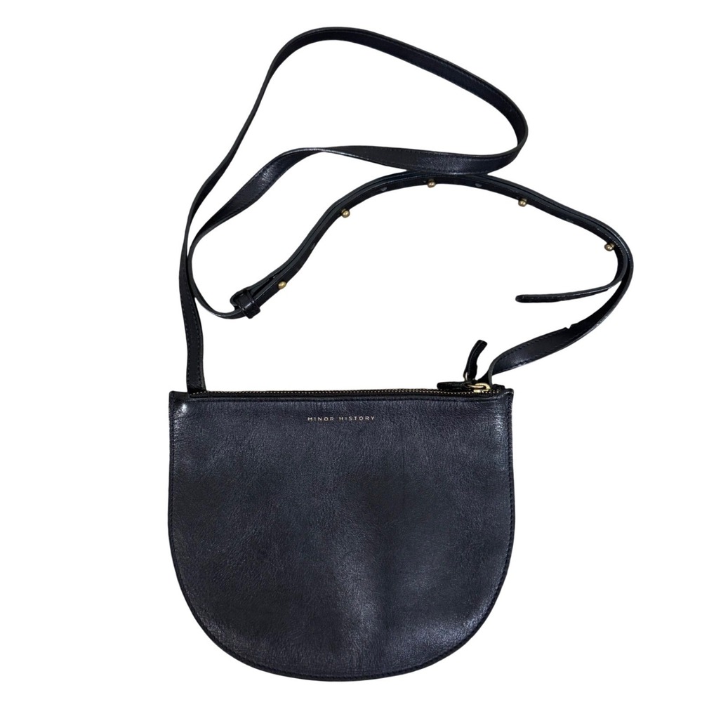 Minor History Smile Black Leather Half Moon Crossbody Bag Gold Stud Strap